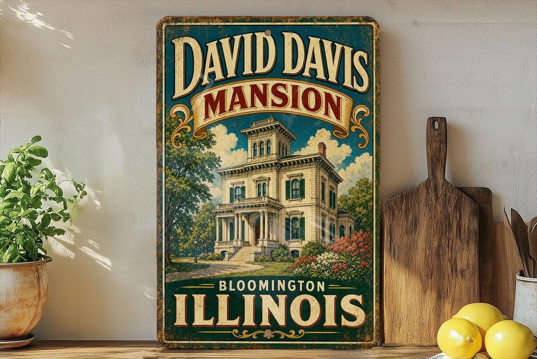 A vintage-style sign for David Davis mansion in Bloomington, Illinois, featuring an illustration of the mansion surrounded by trees and flowers.