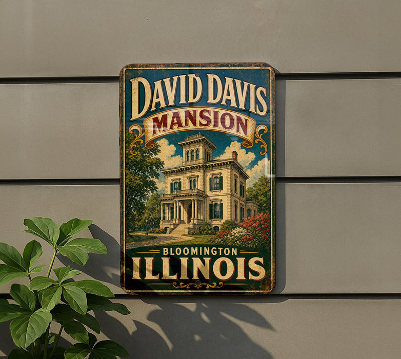 A vintage metal sign for David Davis mansion in Bloomington, Illinois, featuring an illustration of the mansion and the text "David Davis mansion Bloomington Illinois".