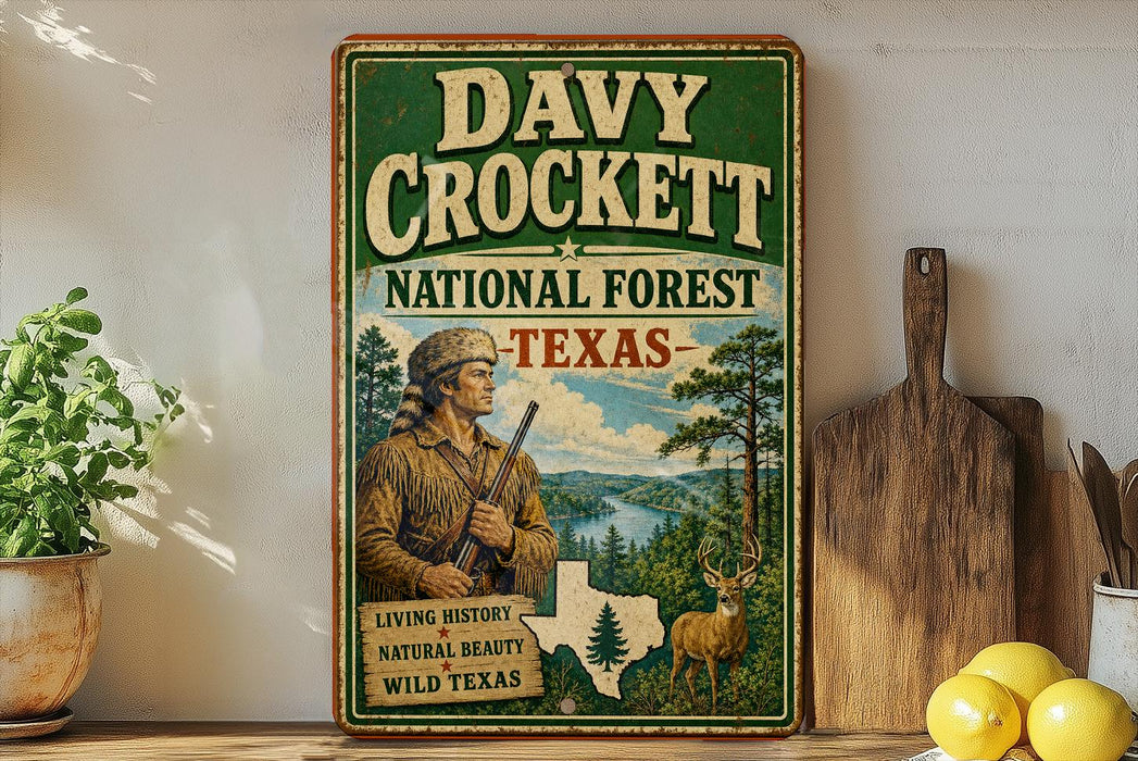 a vintage-style sign for Davy Crockett's National Forest in Texas, with a depiction of a man in hunting gear and a deer in the background.