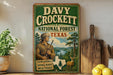 a vintage-style sign for Davy Crockett's National Forest in Texas, with a depiction of a man in hunting gear and a deer in the background.
