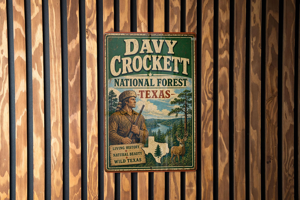 a vintage metal sign with the text "DAVY CROCKETT NATIONAL FOREST TEXAS" and an illustration of a man with a rifle in a forest setting.