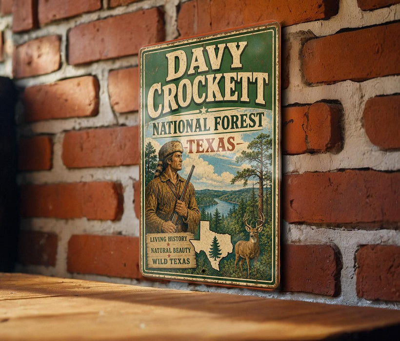A vintage metal sign for Davy Crockett National Forest in Texas, featuring an illustration of a man in hunting gear and a deer in a forest setting.
