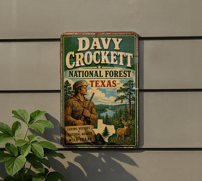 a vintage metal sign with a cowboy and a deer, mounted on a wall.