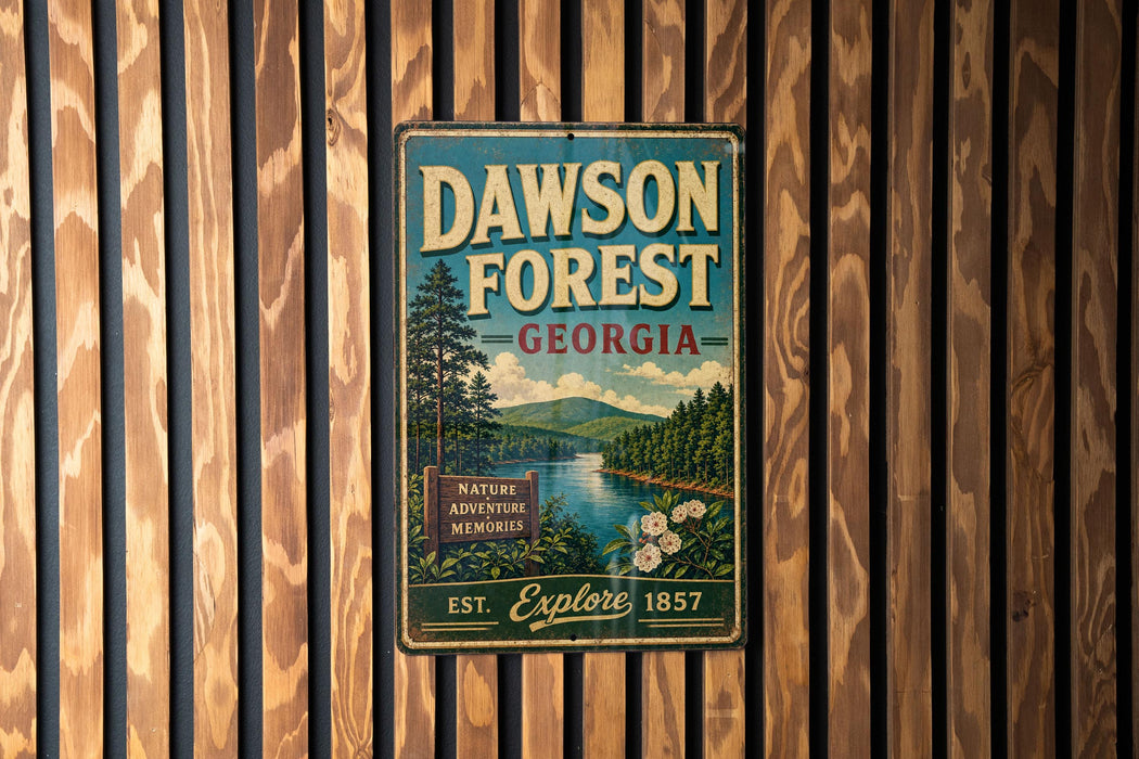A vintage metal sign for Dawson Forest in Georgia, featuring a scenic landscape with a river, mountains, and pine trees.