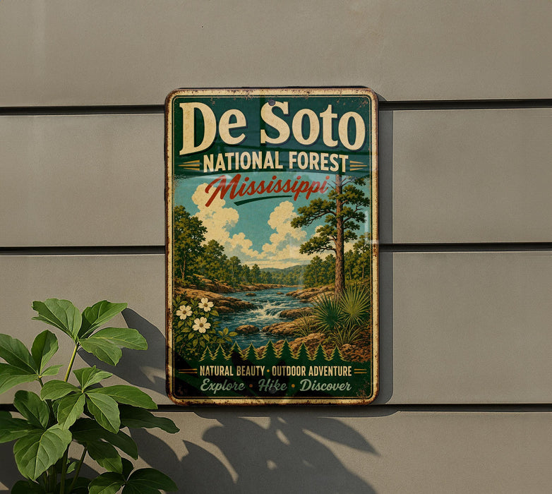 A vintage metal sign for De Soto National Forest in Mississippi, featuring a scenic landscape with a river, trees, and flowers.