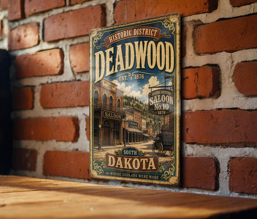A vintage-style metal sign for Deadwood, a historic district in Dakota, South Dakota, featuring an illustration of a saloon and a horse-drawn carriage.