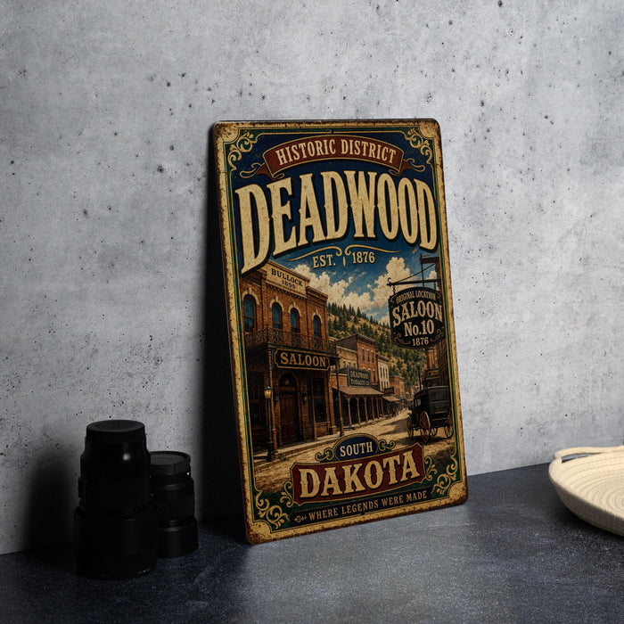 A vintage-style metal sign for the historic district of Deadwood, South Dakota, featuring an illustration of a saloon and a sign that says "Saloon No.10".