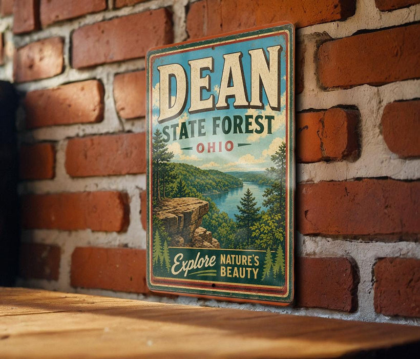 A vintage-style metal sign for the Dean State Forest in Ohio, featuring a scenic landscape with a lake and mountains.