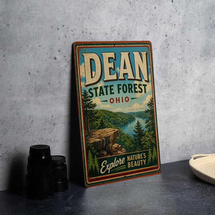 A vintage-style sign for the Dean State Forest in Ohio, featuring a scenic landscape with a lake and mountains.