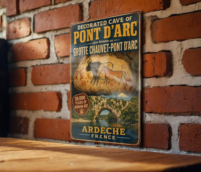 a vintage-style metal sign with a cave painting and text, mounted on a brick wall.