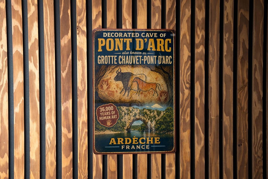 a vintage metal sign with text and an illustration of a cave with a bull.