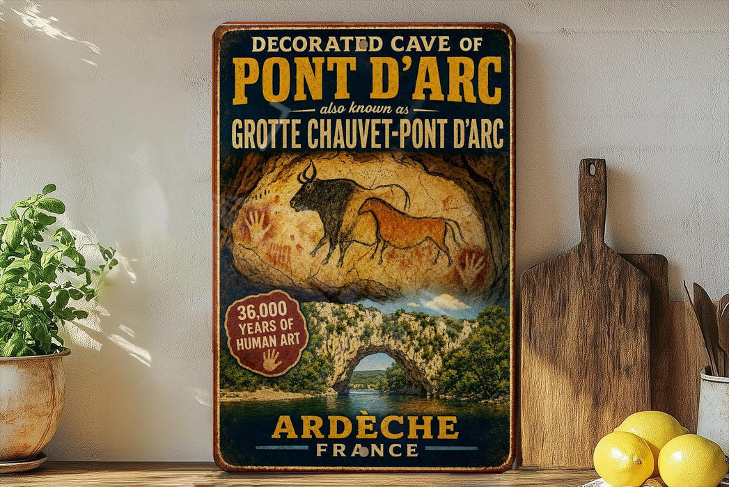 a vintage-style metal sign with text and an illustration of a cave with a rock formation and a depiction of a cave with a rock formation.