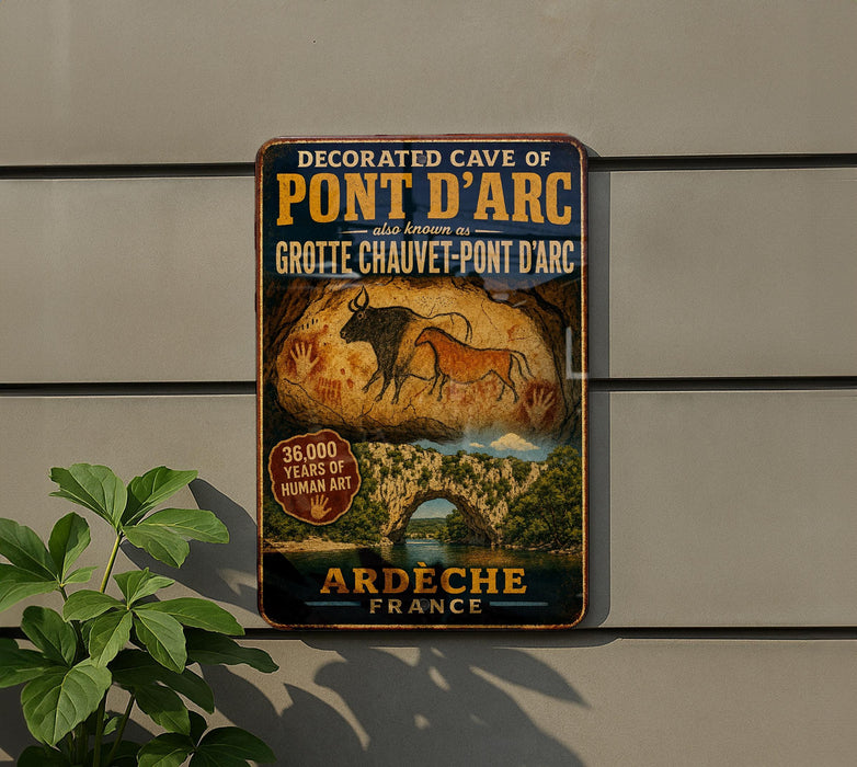 a vintage-style metal sign with a cave painting and text, mounted on a wall next to a plant.