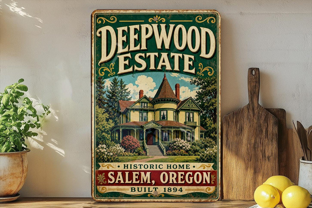 A vintage-style sign for Deepwood Estate, a historic home in Salem, Oregon built in 1894.