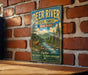 A vintage-style metal sign for Deer River State Forest in New York, featuring a scenic illustration of a forest and a river.