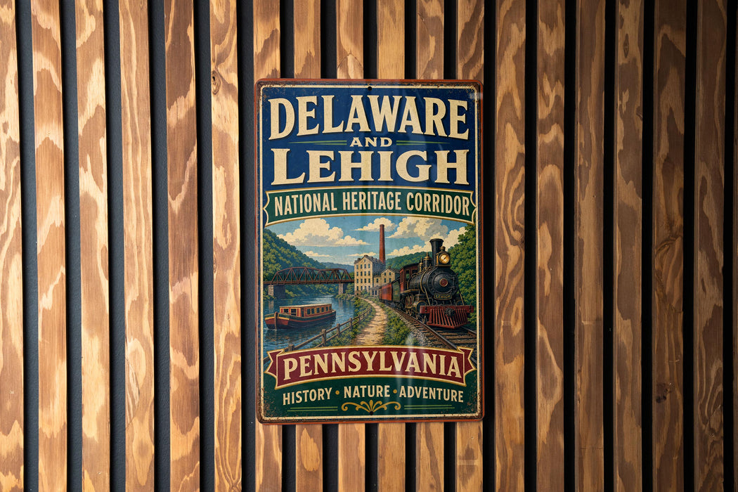 A vintage metal sign for the National Heritage Corridor in Pennsylvania, featuring a train and a scenic landscape.