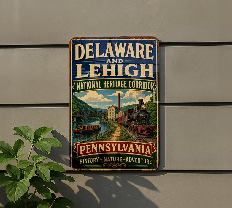 A vintage-style metal sign for the National Heritage Corridor in Delaware and Lehigh, featuring a train and a scenic landscape.