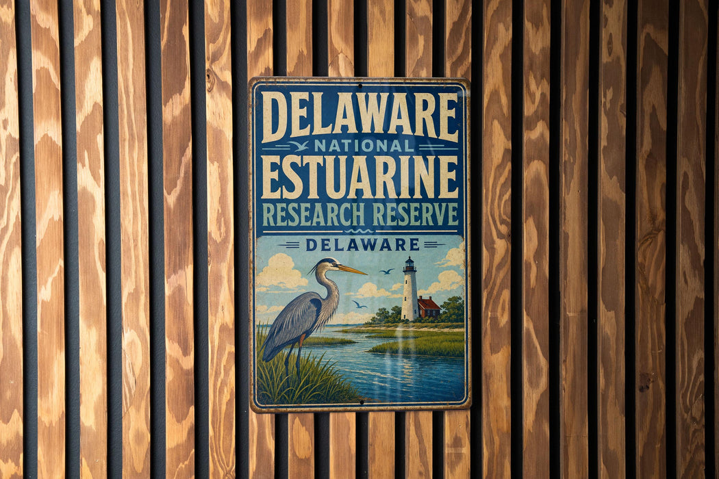 A metal sign with the text "DELAWARE NATIONAL ESTUARINE RESEARCH RESERVE DELAWARE" and an illustration of a bird standing on a grassy area near a lighthouse.