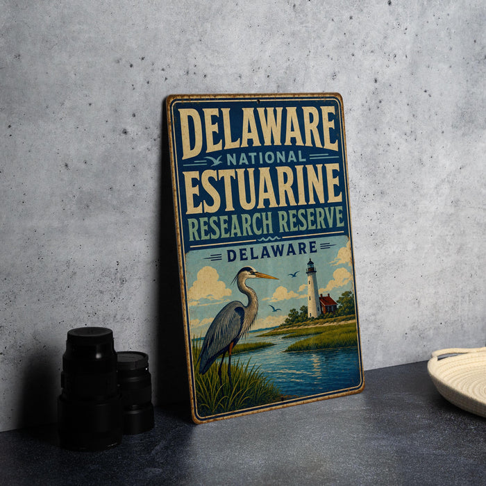 A vintage-style sign for the Delaware National Estuarine Research Reserve, featuring an illustration of a lighthouse and a crane in a grassy field.