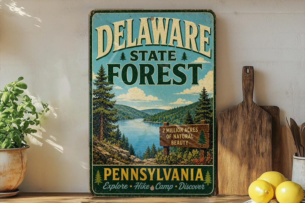 A vintage metal sign for Delaware State Forest, featuring a scenic landscape with pine trees, a lake, and mountains.