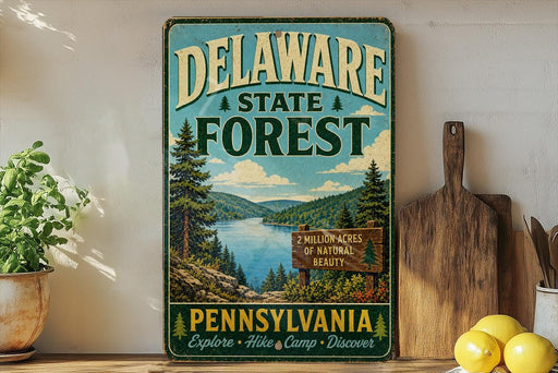 A vintage metal sign for Delaware State Forest, featuring a scenic landscape with pine trees, a lake, and mountains.