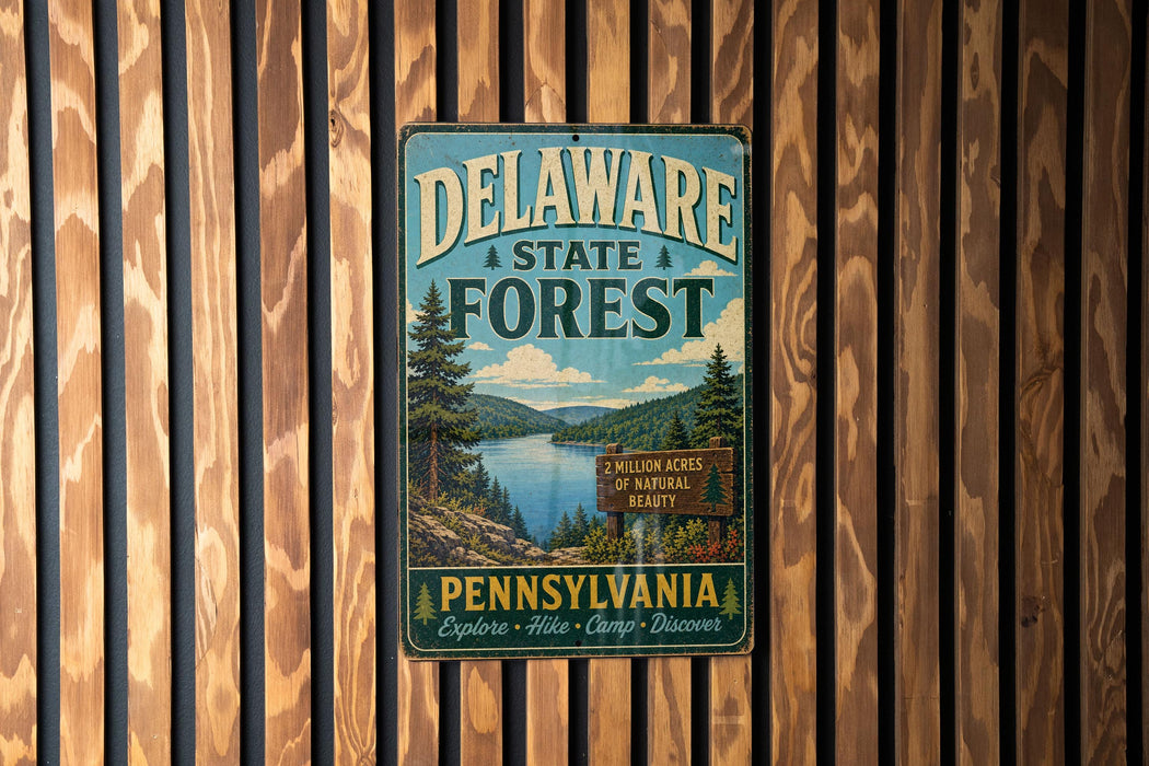 A vintage metal sign for Delaware State Forest, featuring a scenic landscape with pine trees, a lake, and mountains.