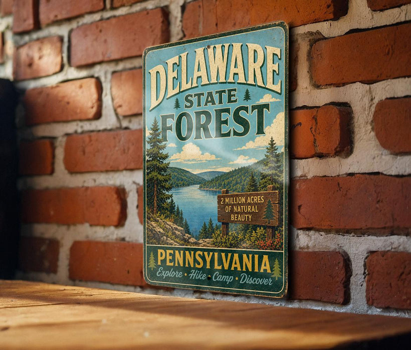 A vintage metal sign for the Delaware State Forest in Pennsylvania, featuring a scenic landscape with pine trees, a lake, and mountains.
