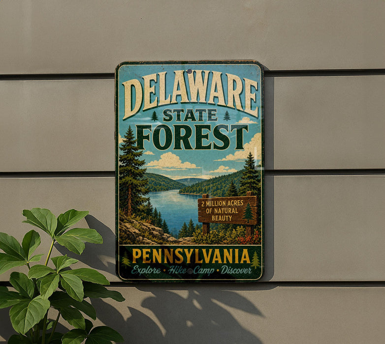 A vintage metal sign for the Delaware State Forest, featuring a scenic landscape with pine trees, a lake, and mountains.