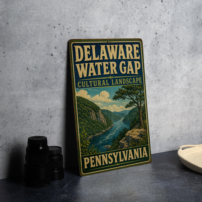 A vintage-style sign for the Delaware Water Gap, featuring a scenic landscape with a river and mountains, is displayed on a gray concrete surface.