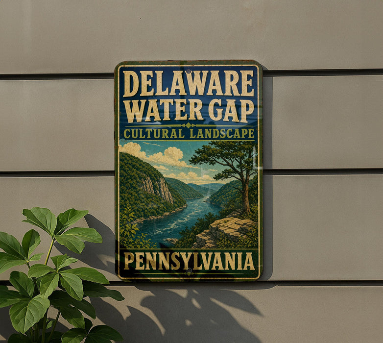 A vintage-style sign for the Delaware Water Gap in Pennsylvania, featuring a scenic landscape with a river and mountains.