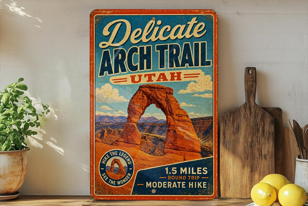 A vintage-style metal sign advertising the Delicate Arch Trail in Utah, featuring an illustration of the iconic rock formation.