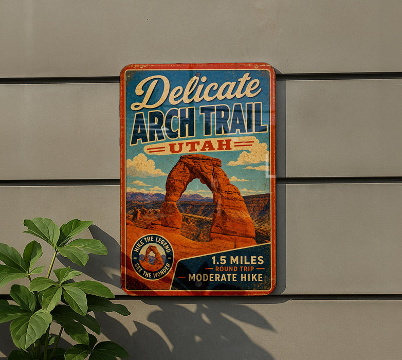 A vintage-style metal sign advertising the Delicate Arch Trail in Utah, featuring an illustration of the iconic rock formation.