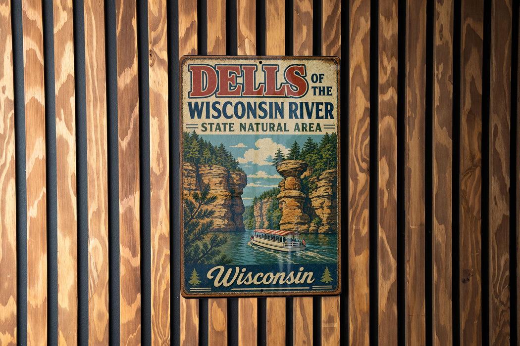 A vintage metal sign for the "Dells of the Wisconsin River State Natural Area" is displayed on a wooden wall.