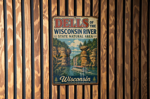 A vintage metal sign for the "Dells of the Wisconsin River State Natural Area" is displayed on a wooden wall.