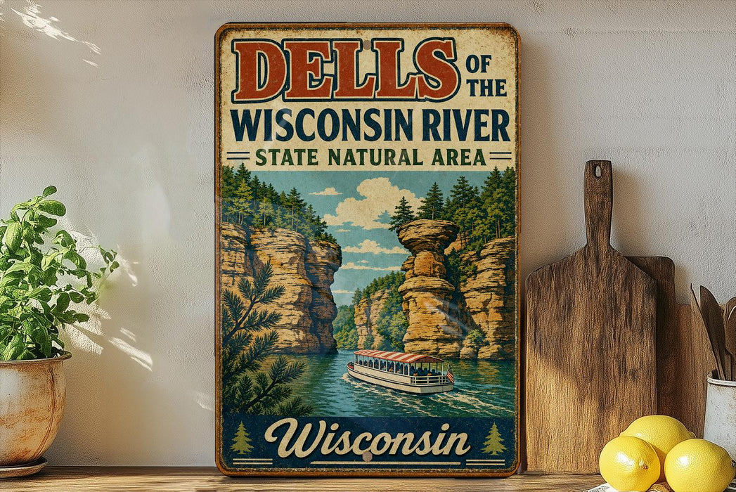 A vintage-style metal sign for the "Dells of the Wisconsin River State Natural Area" is displayed on a wall, featuring a scenic illustration of a boat on the river and a rocky landscape.