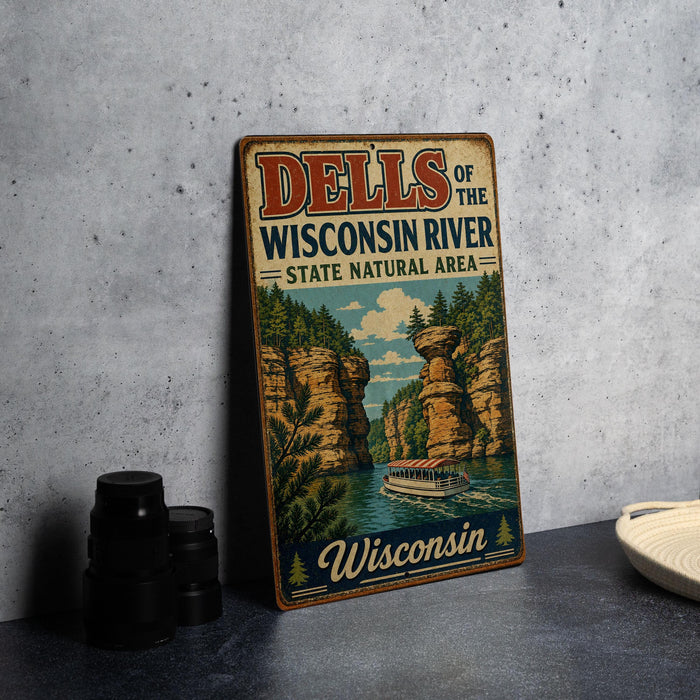 A vintage metal sign for the "Dells of the Wisconsin River State Natural Area" in Wisconsin, featuring a scenic illustration of the river and cliffs.