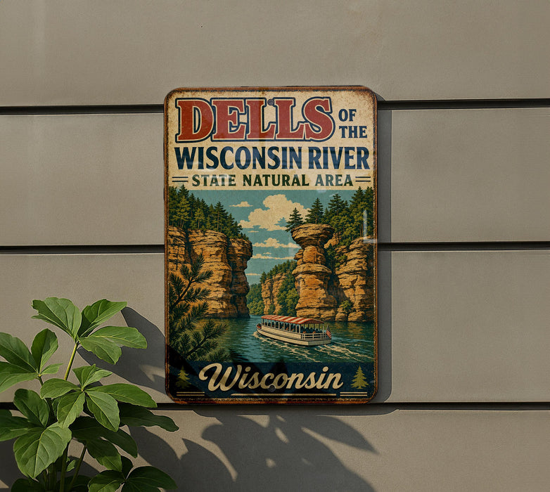 A vintage metal sign for the "Dells of the Wisconsin River State Natural Area" in Wisconsin, featuring a scenic illustration of a boat on the river surrounded by cliffs and trees.