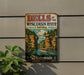 A vintage metal sign for the "Dells of the Wisconsin River State Natural Area" in Wisconsin, featuring a scenic illustration of a boat on the river surrounded by cliffs and trees.