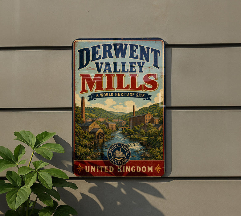 A vintage-style metal sign for the Derwent Valley Mills, a world heritage site, is displayed on a wall.