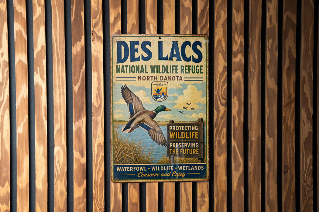 A vintage metal sign for the Des Lacs National Wildlife Refuge in North Dakota, featuring a waterfowl and a bird in flight.