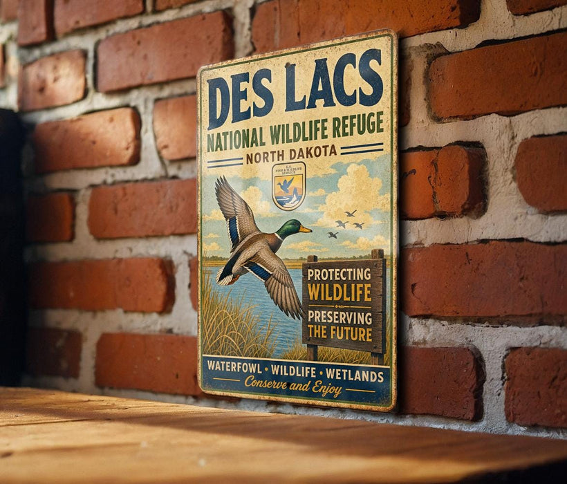 A vintage-style sign for the Des Lacs National Wildlife Refuge in North Dakota, featuring a duck in flight and text promoting wildlife preservation and conservation.