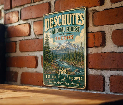 A vintage-style metal sign with the text "DESCHUTES NATIONAL FOREST OREGON EXPLORE DISCOVER WHERE ADVENTURE AWAITS" is displayed on a brick wall.