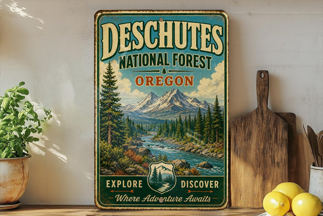 a vintage-style metal sign with a scenic mountain landscape and a river, placed on a wooden surface next to a wooden cutting board and some lemons.
