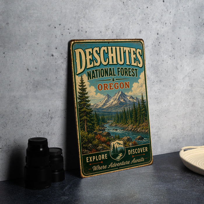 A vintage-style metal sign advertising Deschutes National Forest in Oregon, featuring a scenic mountain landscape and a river.