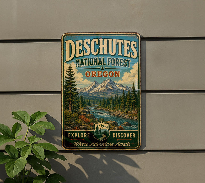 A vintage-style metal sign advertising Deschutes National Forest in Oregon, featuring a scenic mountain landscape and a river.