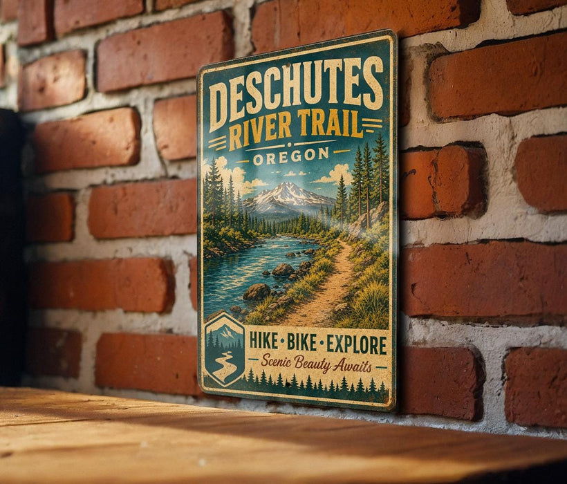 A vintage-style metal sign advertising the Deschutes River Trail in Oregon, featuring a scenic mountain landscape and a path leading through the woods.