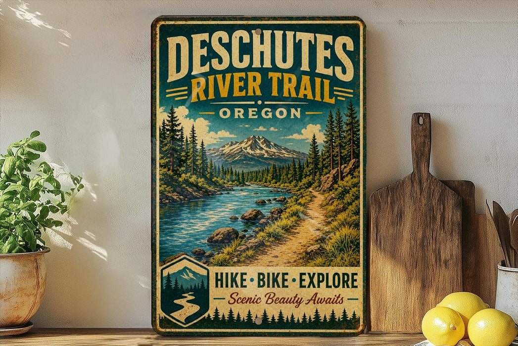 A vintage-style metal sign advertising the Deschutes River Trail in Oregon, featuring a scenic mountain landscape with a river and forest.