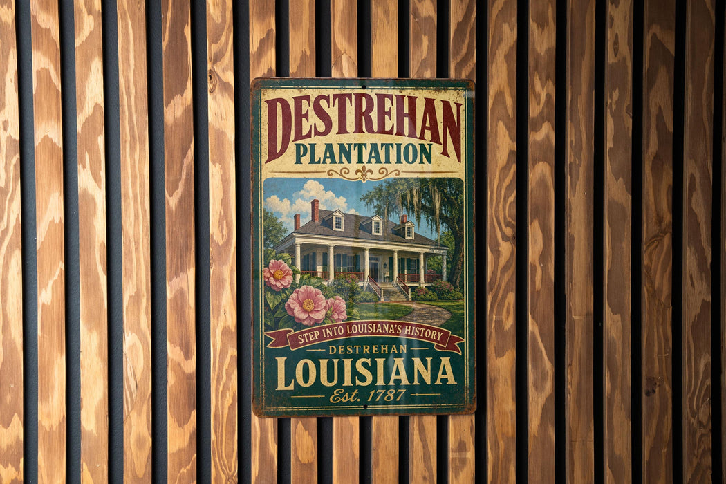 A vintage-style metal sign for the Destrehan Plantation in Louisiana, featuring a house and palm trees, mounted on a wooden wall.