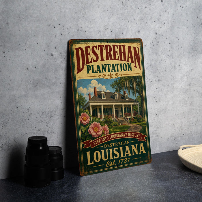 A vintage-style metal sign for "Destrehan Plantation" in Louisiana, featuring a house and flowers, is displayed on a gray countertop.