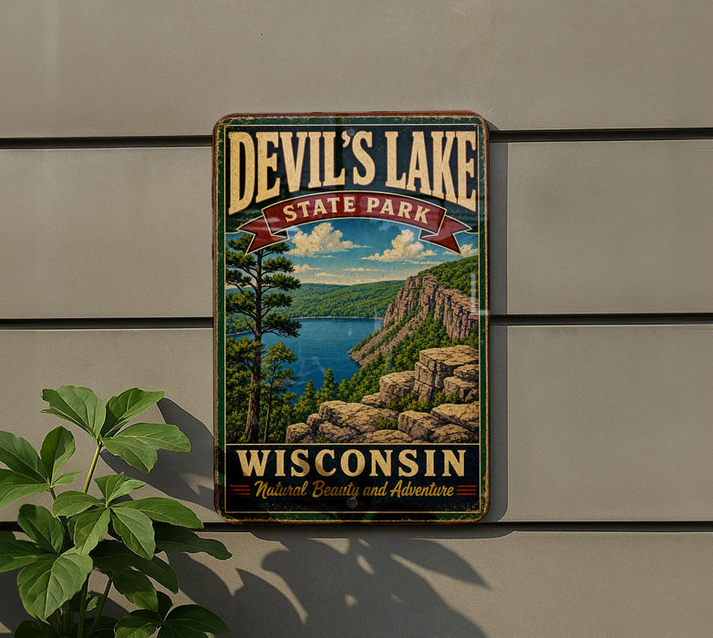 A vintage-style metal sign for Devil's Lake State Park in Wisconsin, featuring a scenic landscape with a lake, mountains, and trees.